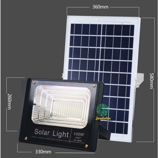 Ηλιακός Solar Προβολέας Αδιάβροχος 100W με Φωτοβολταϊκό Πάνελ, Τηλεκοντρόλ και Χρονοδιακόπτη JD-8100