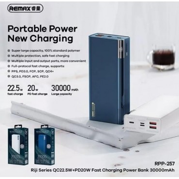 Remax Power Bank RPP-257 Riji 30000mAh 22.5W με Γρήγορη Φόρτιση και USB-C Λευκό